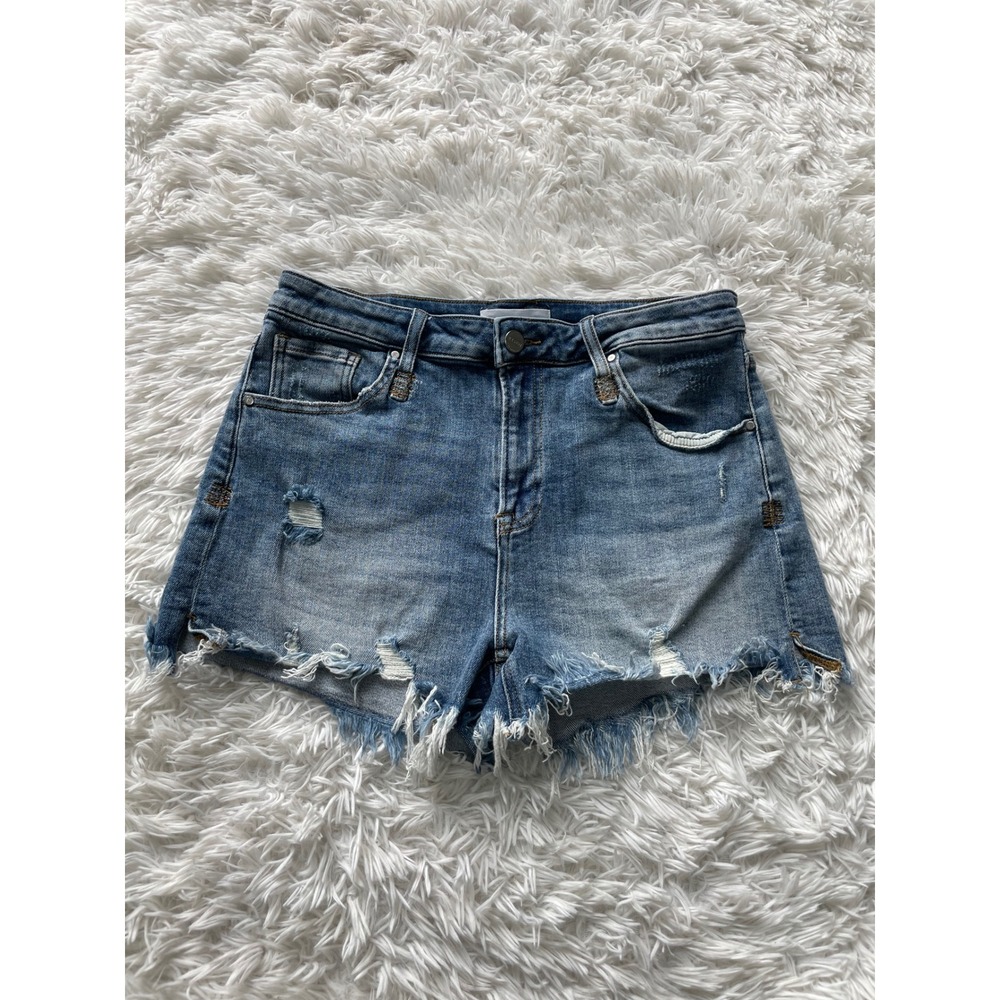 Risen High Rise Tummy Control Fray Hem Denim Shorts